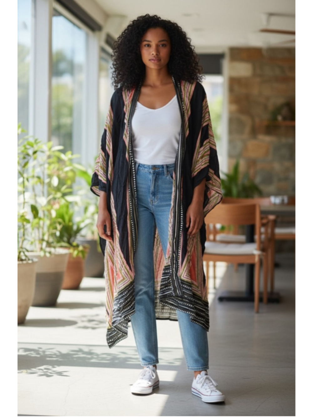 Boho Geometric Kimono Cardigan |Lightweight Open Front Duster | Black Coral Trib